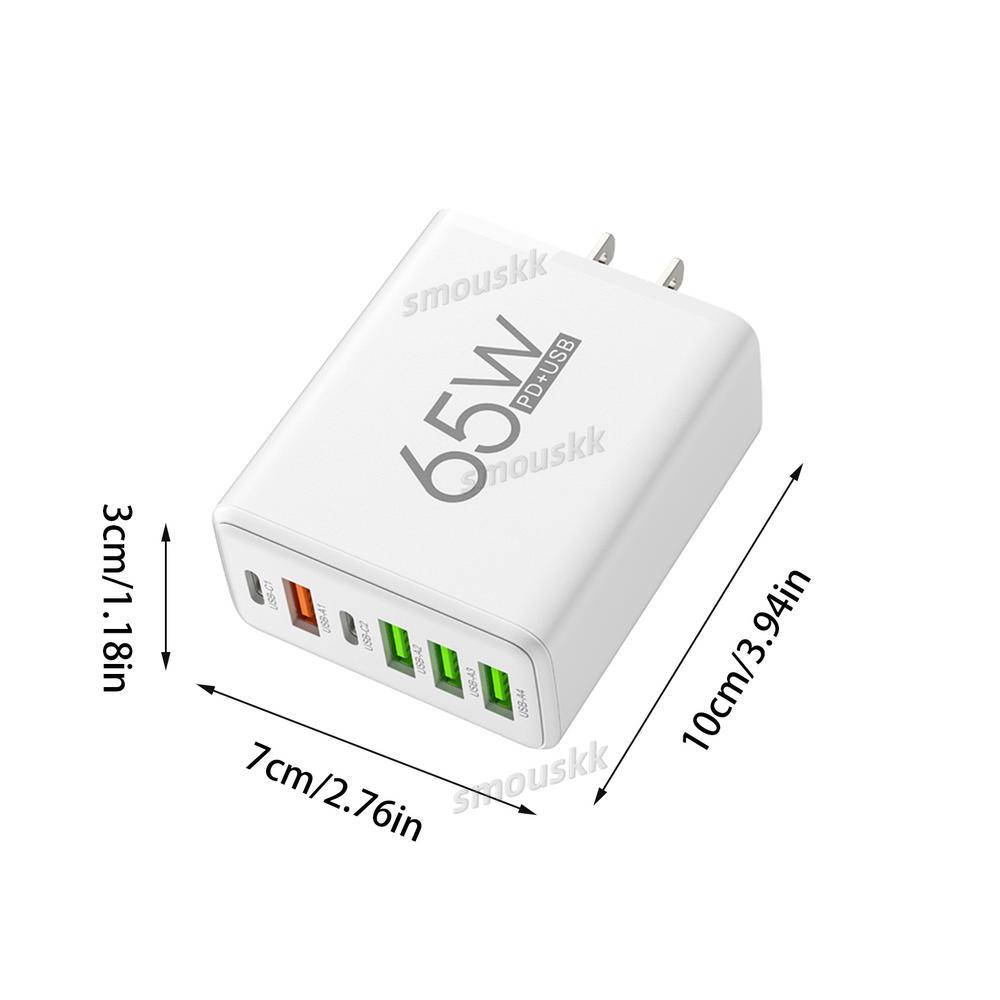 Multiple Ports 6 Block 4 USB And 2 Type-C 65W Port Charging Adapter Wall Charger Plug Fast