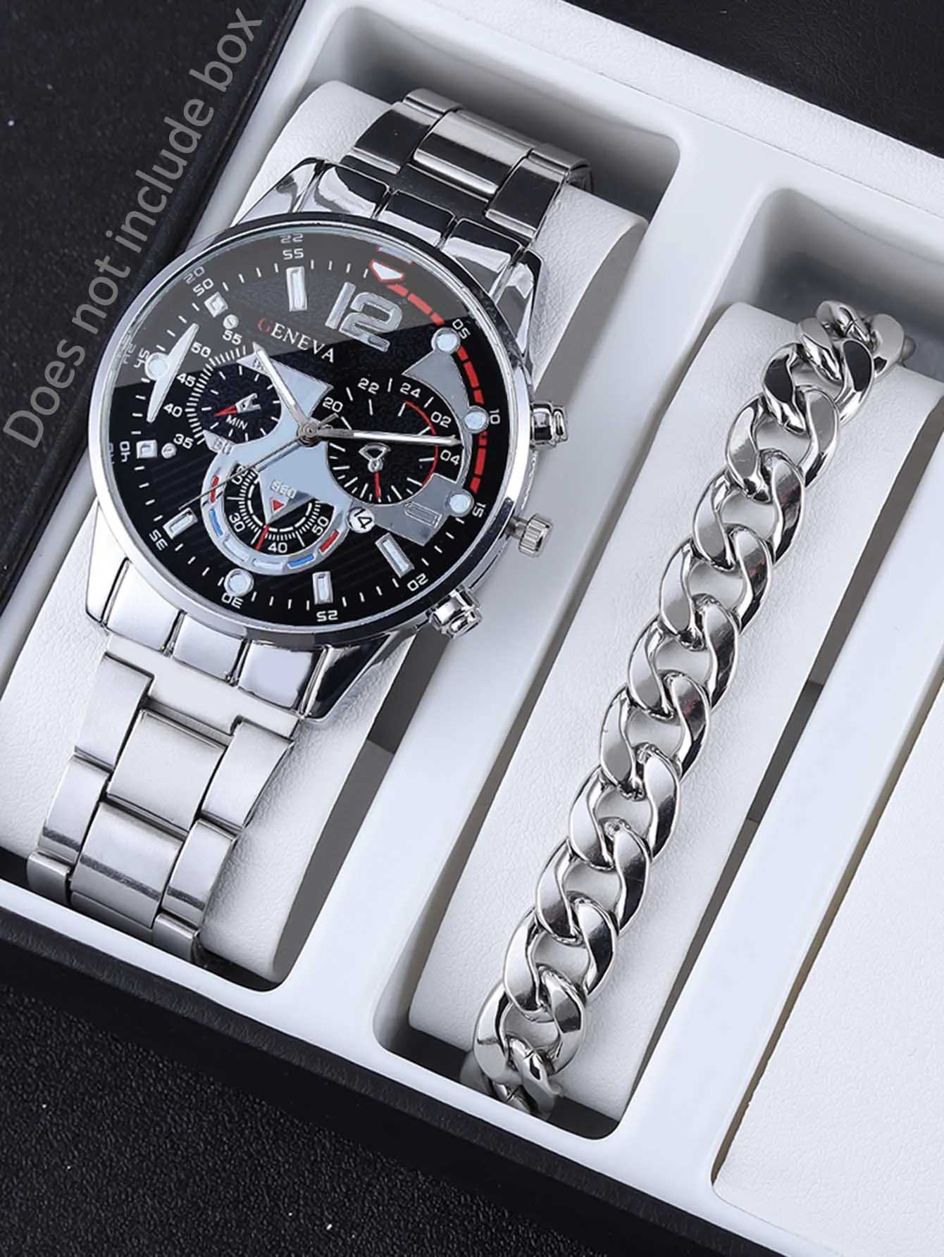 3pcs Business Style Silver White Mechanical design Mens alloy quartz watch with calendar and alloy necklace bracelet setX241010