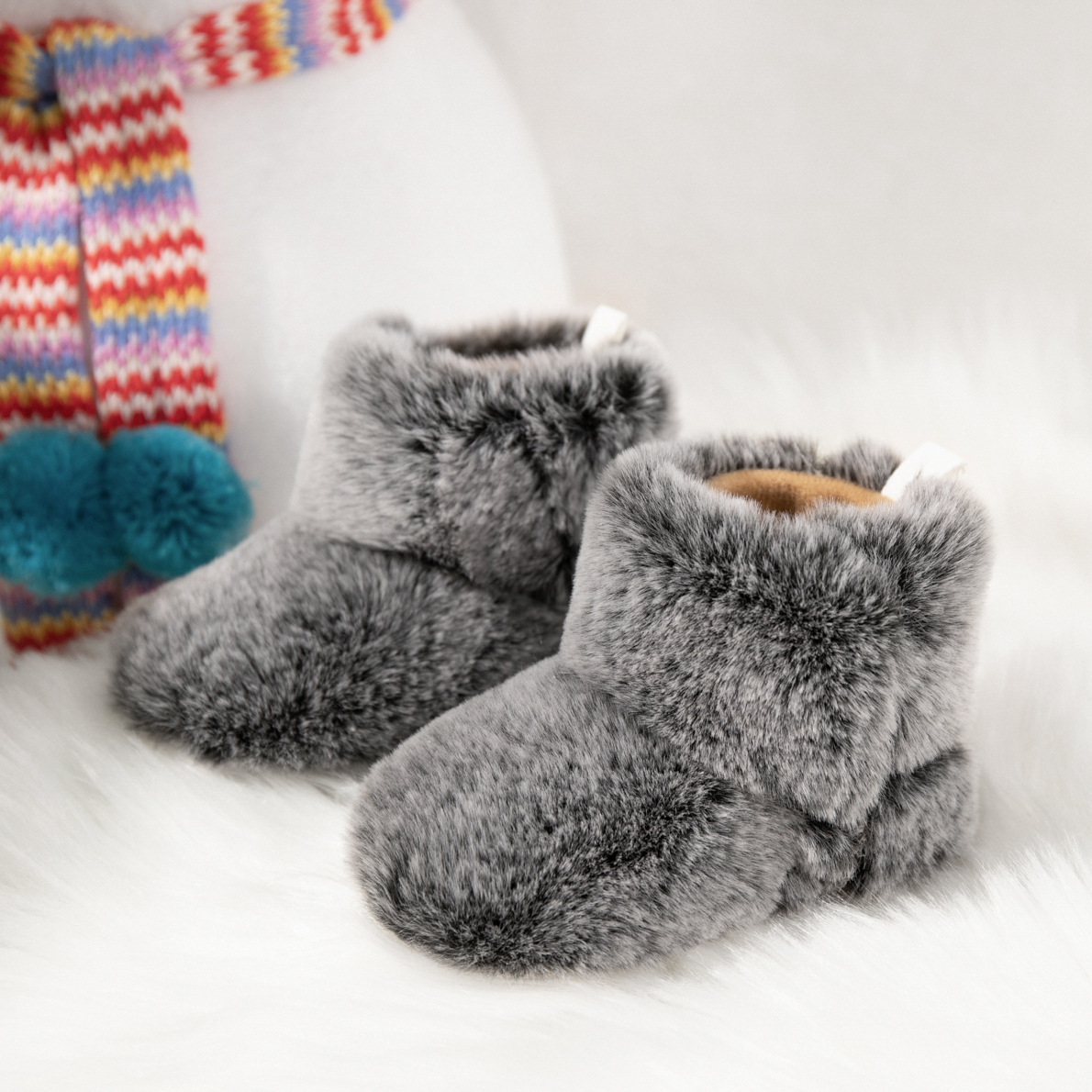 Baby Booties Newborn Infant Boy Girl Non-Slip Soft Sole Crib Shoes Happysteps Toddler Plush Fluff Winter Warm Prewalker Boots