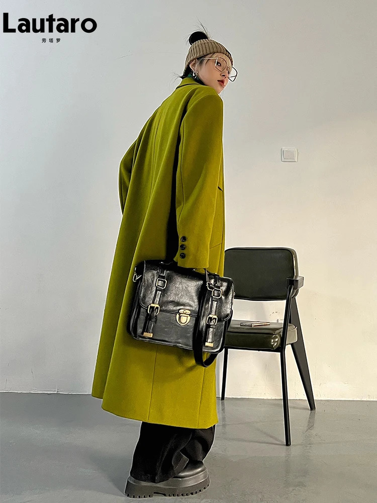 Lautaro Spring Autumn Long Green Oversized Trench Coat for Women Single Button Loose Casual Overcoat Korean Fashion 240930