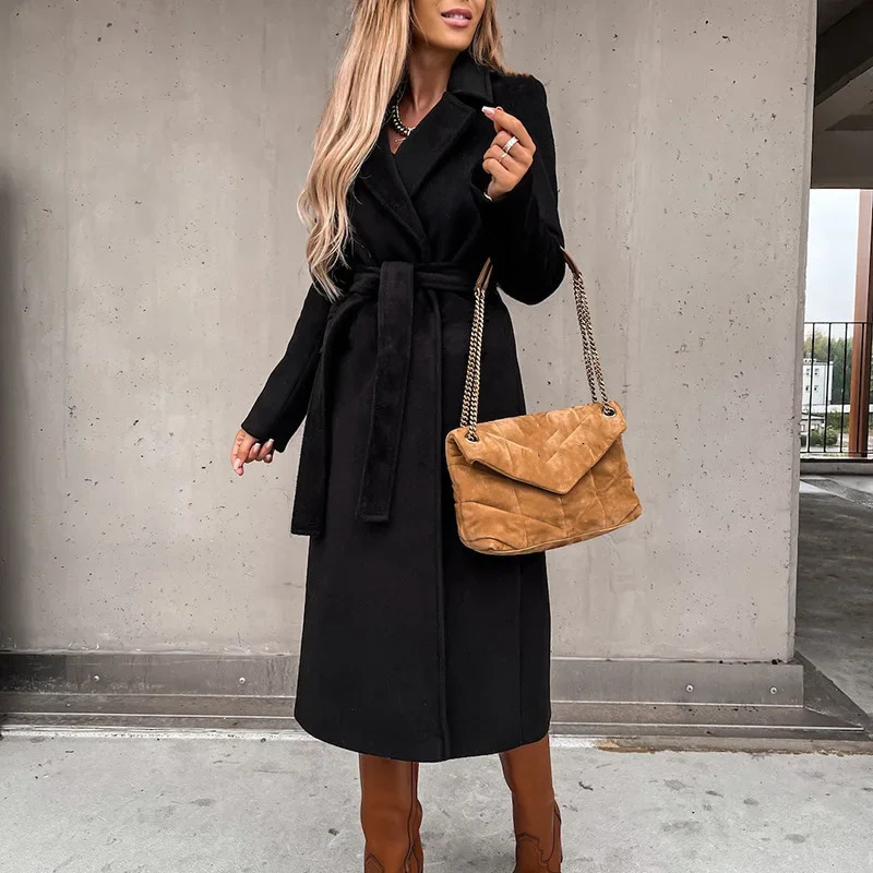 Women Chic Wool Blends With Belt Solid Long Sleeve Adjustable Waist XLong Coats Outerwear Turn Down Collar Elegant 241008