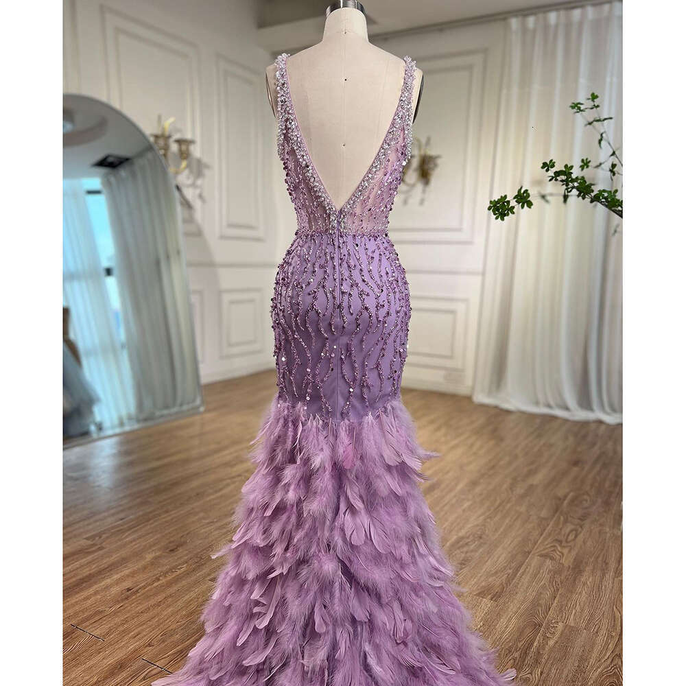 Pink Mermaid Sexy High Split V Neck Evening Dresses Feather Beaded Gowns Long 2023 For Women Prom Dress