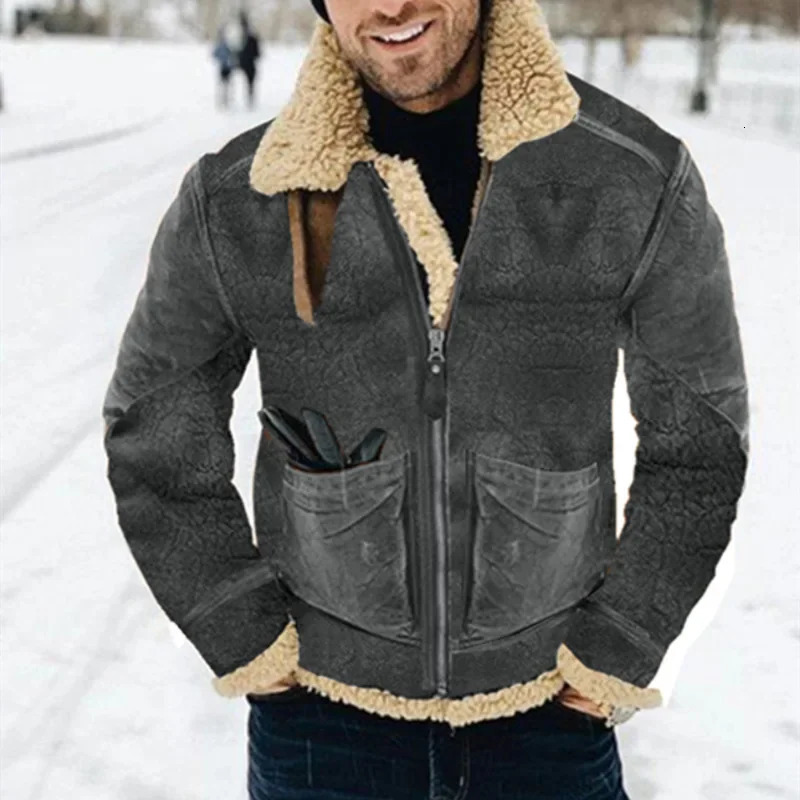 leather and fur integrated mens jacket autumn and winter thick printed jacket suede warm cashmere 240930