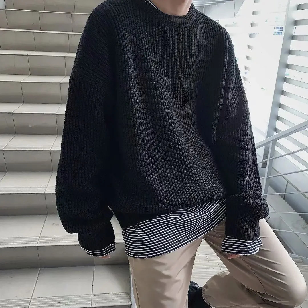 Mens Round Neck Sweater 2023 AutumnWinter Knit Loose and Thickened Korean Pullover Men Clothes 240930