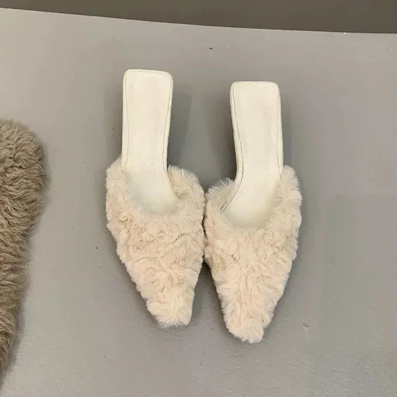 Women Fur Slippers Warm Mules Shoes Casual Mid Heels Boots Pointed Toe Plush Slingback Flip Flops Cotton Boots 240927