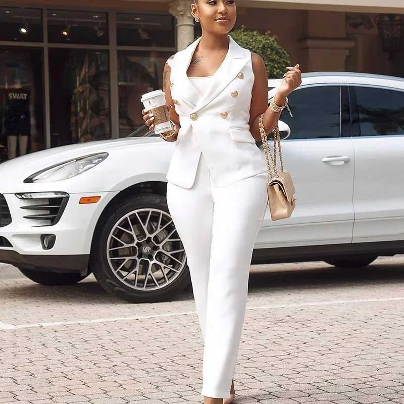 Business OL workwear womens two-piece pants set elegant sleeveless jacket top+pencil pants office womens matching set W241009