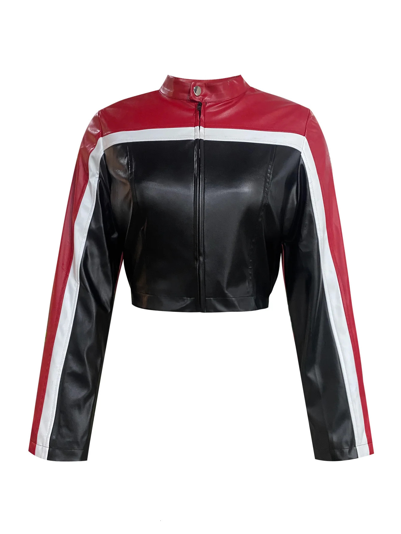 LW casual splicing color block leather and artificial fur womens autumn clothing PU jacket Wen Hua collar jacket autumn clothing 240930