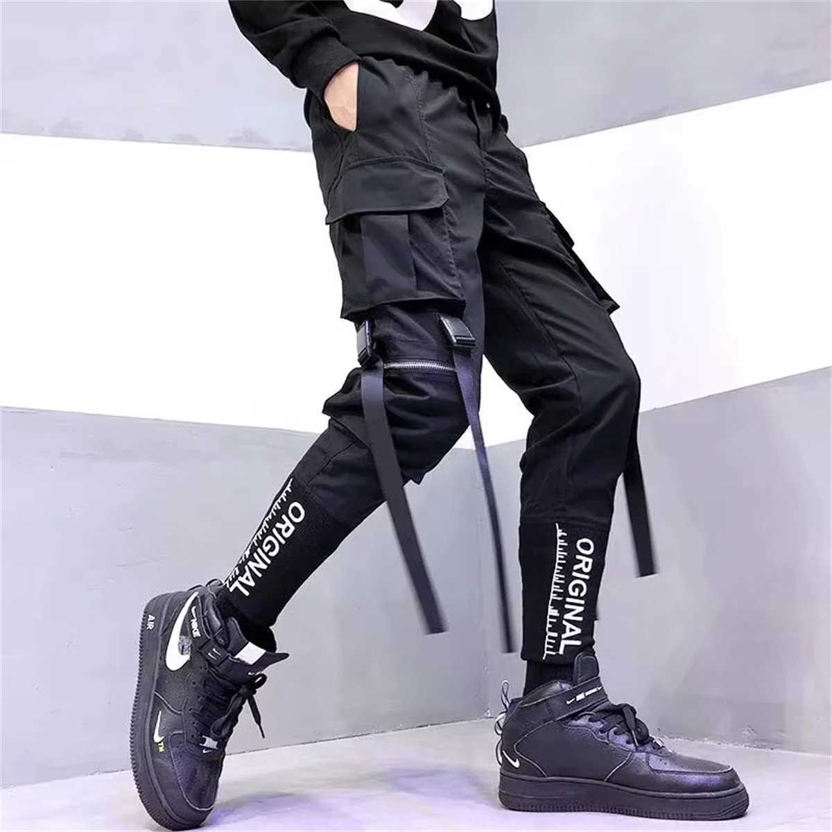 Mens cargo pants casual hip-hop hit color pocket Trouser Streetwear Ribbons Techwear sports pants boys W241009