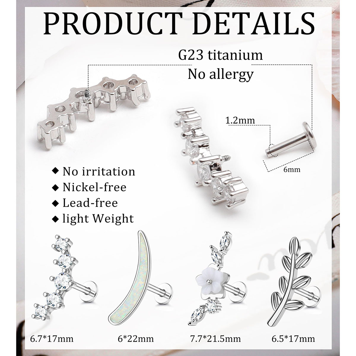 G23 Titanium Cartilage Earrings for Women 16G Pure Titanium Flat Back Stud for Sensitive Ear Cartilage Earrings Internally Threaded Conch Helix Pierci