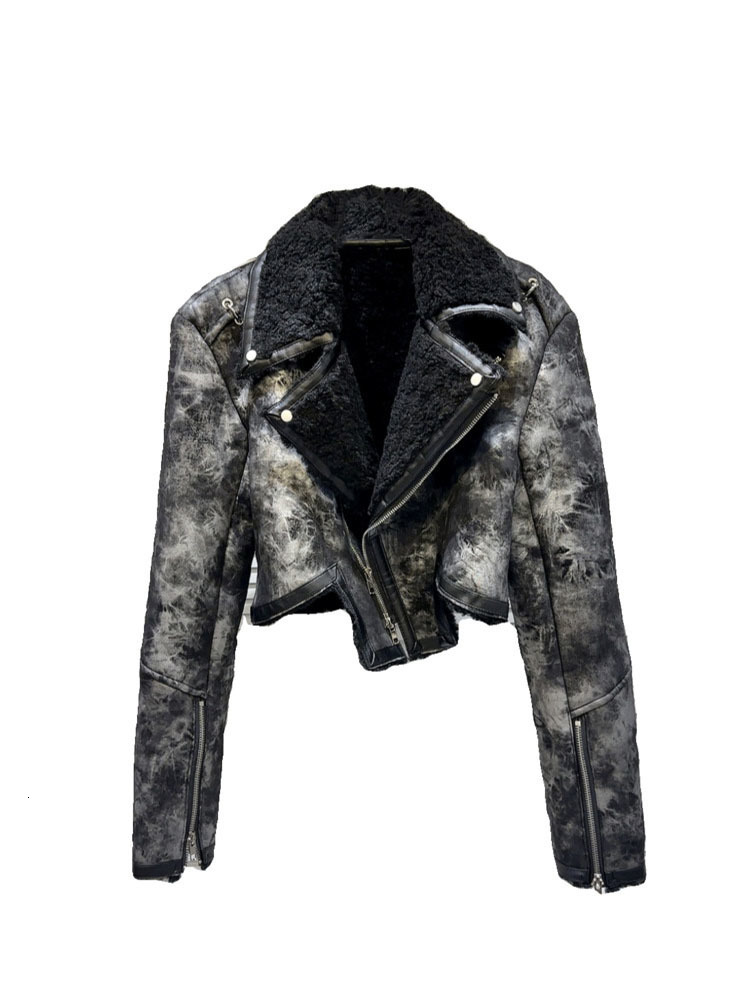 DEAT Vintage Women's Tie Dye Fur Turn-Down Collar PU Leather Coat 2023 Winter Fashion Long Sleeves Zipper Jacket Female 11Xx6973