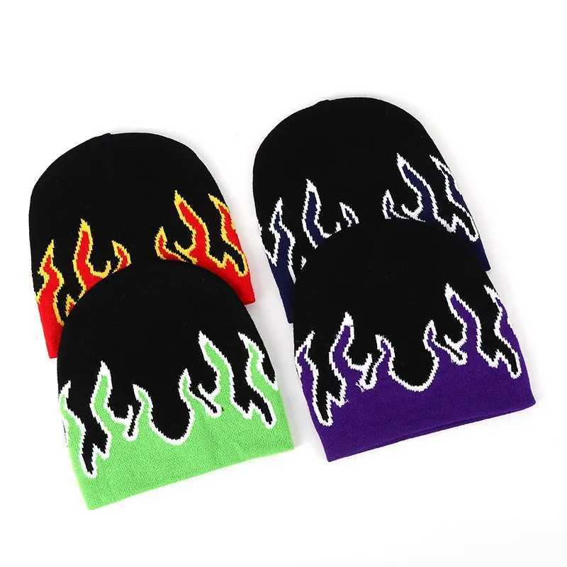 Beanie/Skull Caps Fashionrylic All Over Flame Pattern Beanie Custom Winter Knitted Hat Printed Jacquard Beanies H241010