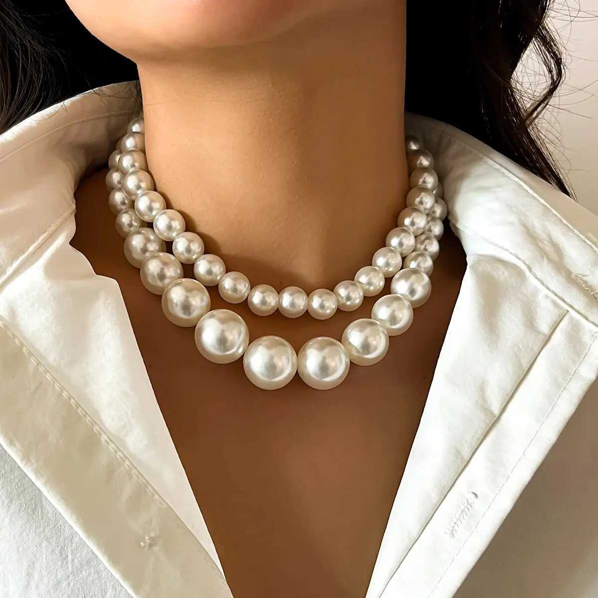 2Pcs/Set Exaggerated Big Imitation Pearl Clavicle Chain Necklace for Women Wed Bridal Goth Beads Choker Grunge Jewelry SteampunkX241009