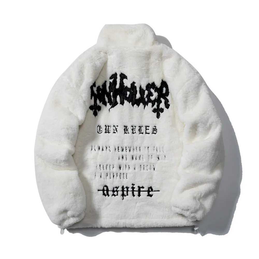 Men's Down Parkas Mens rabbit fur leather jacket hip-hop retro letter winter Flce jacket T-shirt casual Harajuku jacket zipper fashion jacket Y24