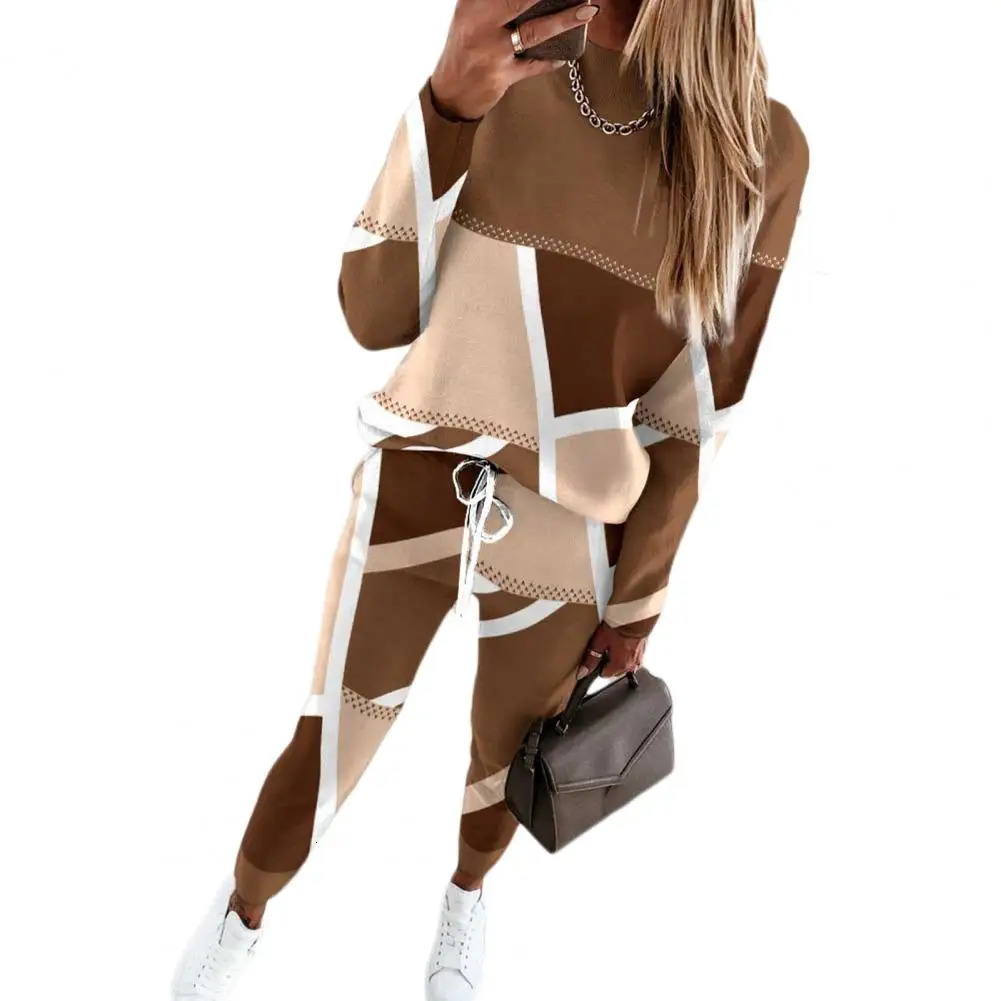 Womens set color lock womens sportswear pants fashionable round neck elastic waist soft suitable for women in autumn and spring 241007