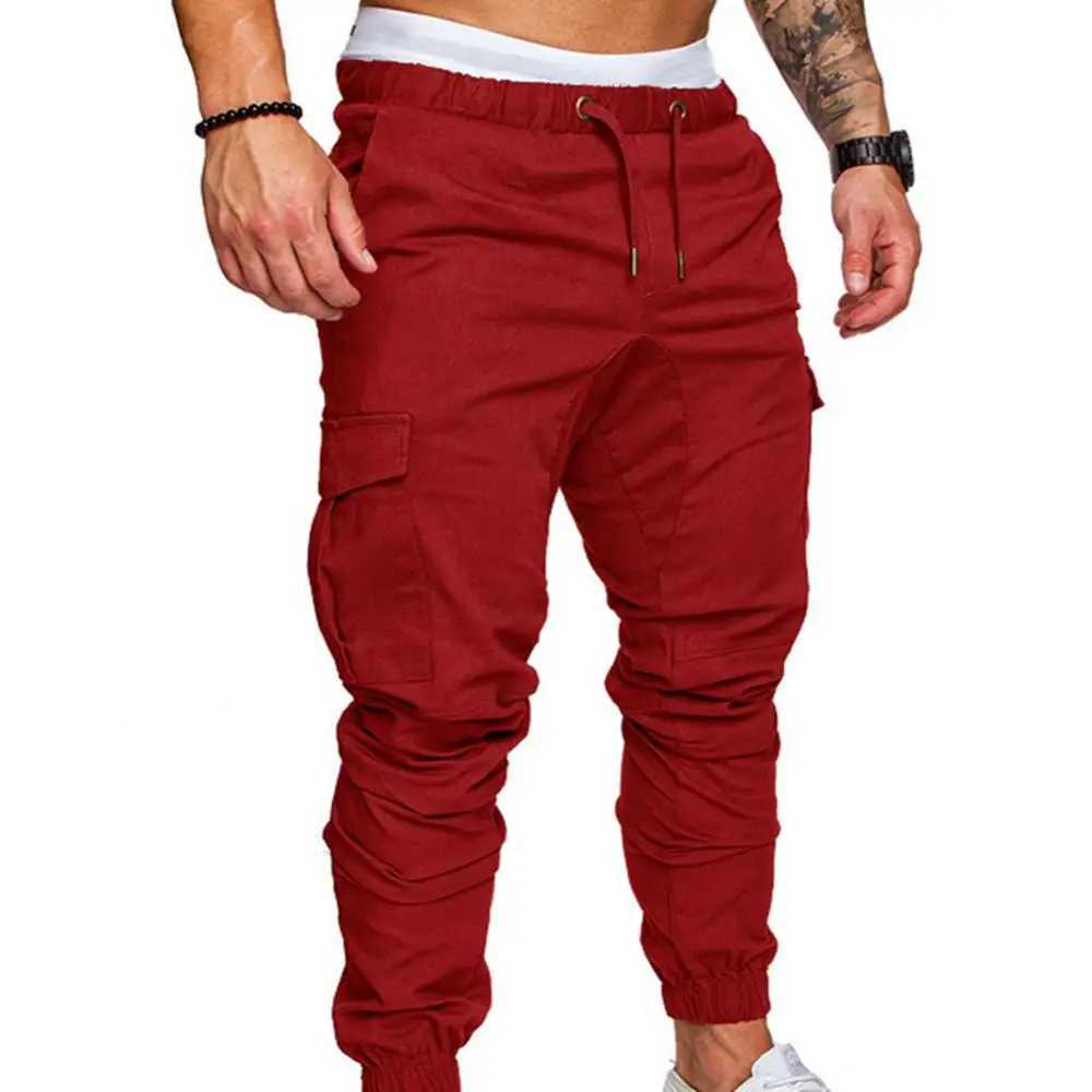 Mens Tight Cargo Pants Solid Color Pocket Drawstring Ankle Tie Sports Running Pants Fitness Training Pants Mens Clothing W241009