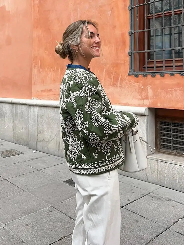 Vintage Print Round Neck Cropped Cotton Coat Elegant Full Lantern Sleeves Short Jackets Fall Winter Lady Chic Streetwear 240930