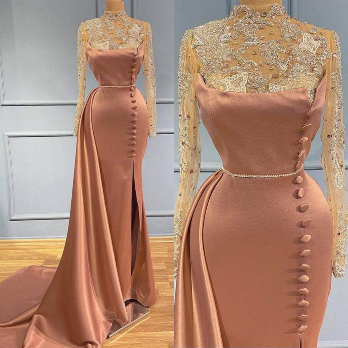 Classic Mermaid Evening Dress Sequins Crystal Appliques High Neck Long Sleeve Prom Gowns Split Formal Dresses Custom Made
