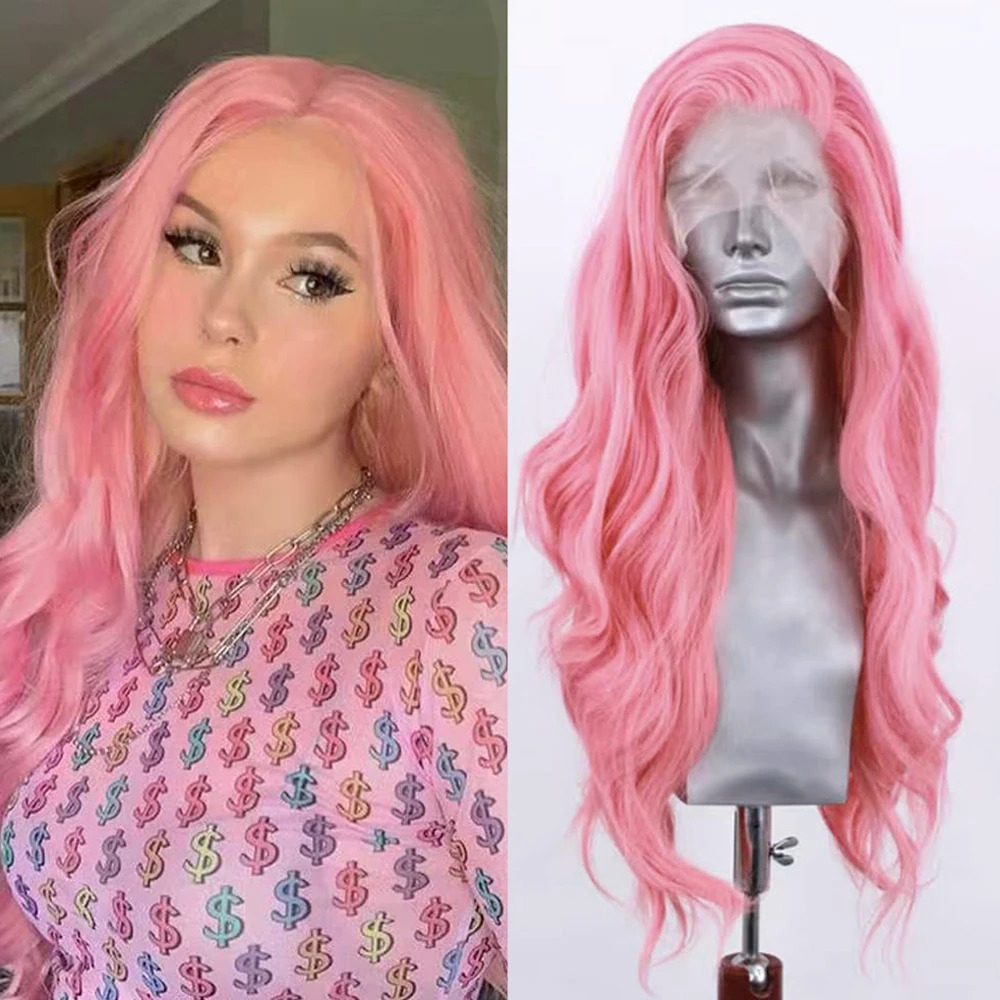 Synthetic front lace wig body wave lace wig womens pink wig heat-resistant long wave wig pink color daily use role-playing 241007