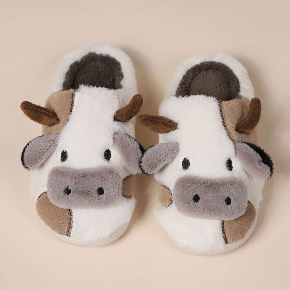 Women Shoes Indoor Winter Fur Slippers Cute Cartoon Cow Head Thick Warm Shoes Couple Plush Cotton Mop Winter Shoes