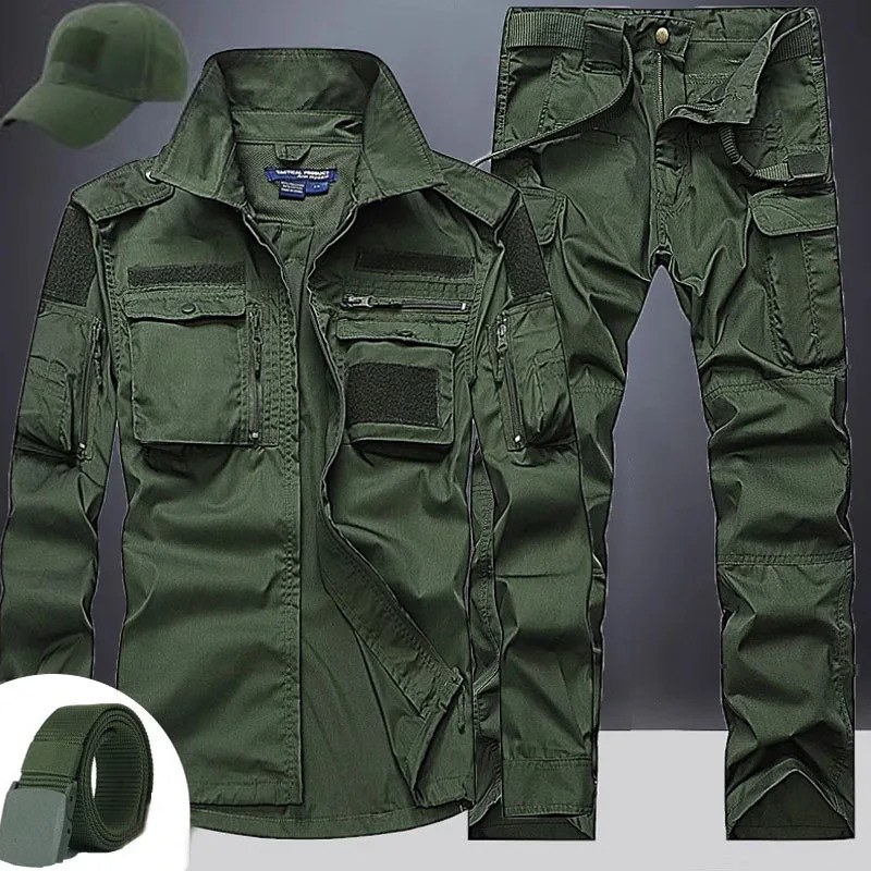 Summer tactical suit mens outdoor breathable multi pocket combat training military long sleeved shirt cargo pants set men 240927