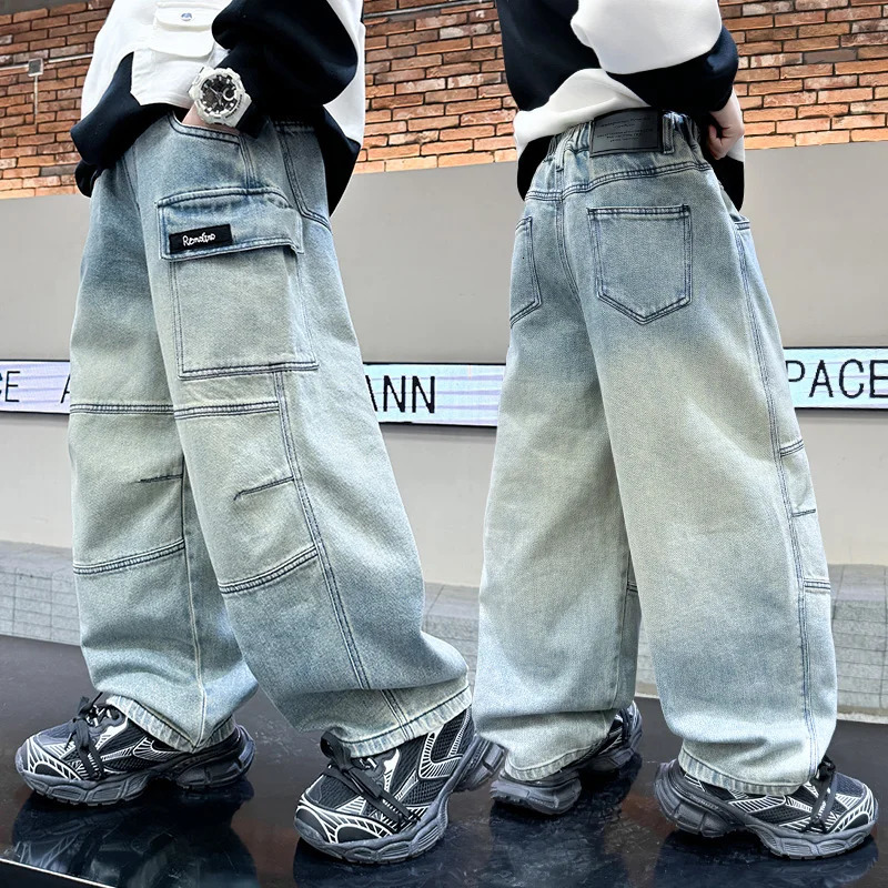 Boys personalized flip cargo pocket jeans for spring and autumn fashion handmade straight through mens bag pants for 5-15 years 241008