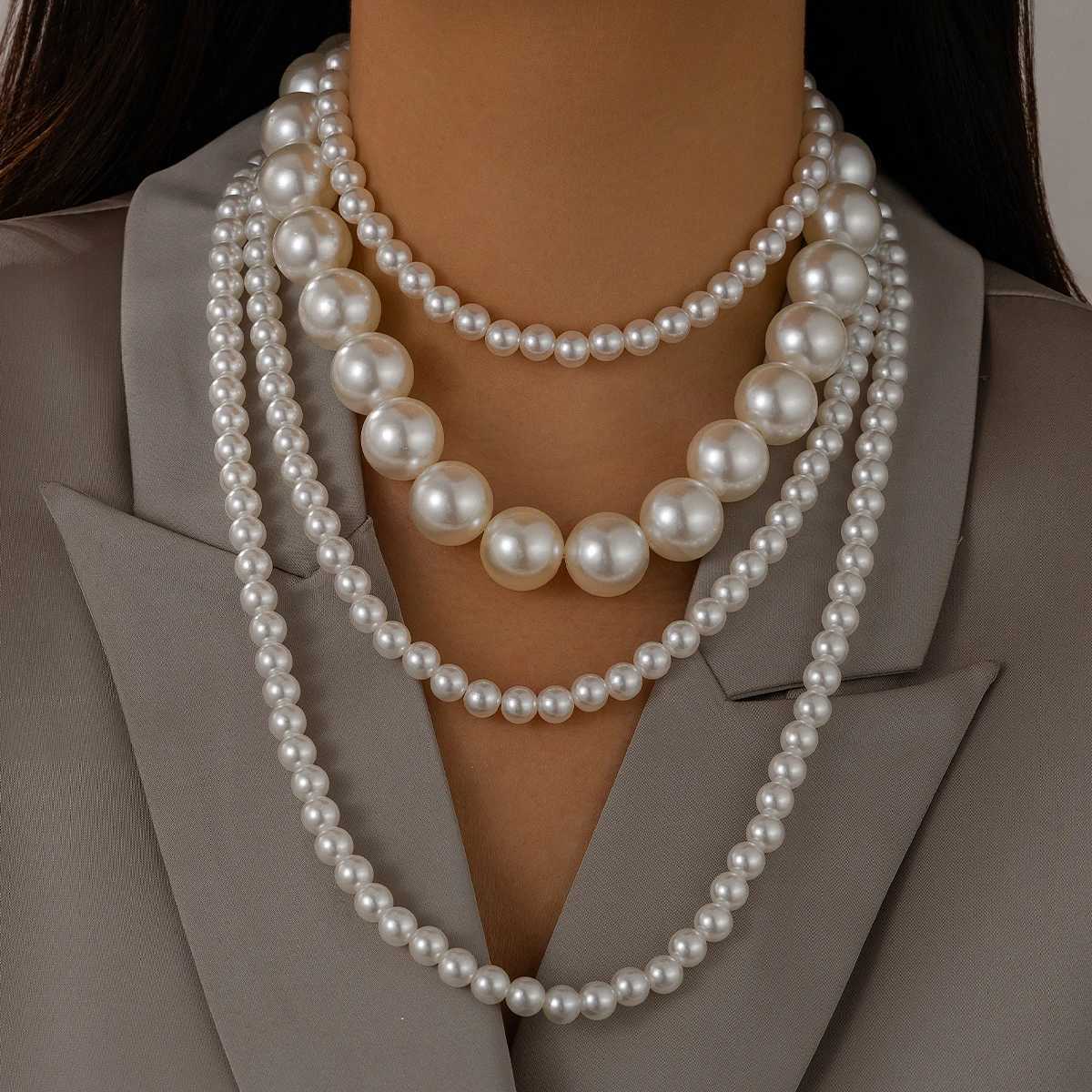 Ingemark 2Pcs/Set Multilayer Imitation Pearl Chain Necklace for Women Wed Bridal Vintage Adjustable Long Link Party Jewelry GiftX241009