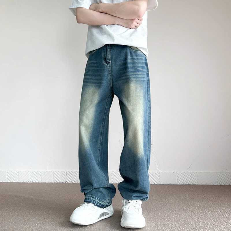 Streetwear Vintage Blue Wide Jeans Men Korean Fashion Washed Casual Trousers Male Straight Personality Baggy Denim PantsX241009