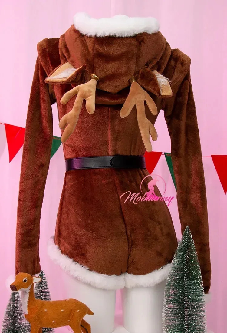 Mobbunny Womens Christmas reindeer fluffy tight jumpsuit sexy lingerie with socks home wear roleplaying 241007