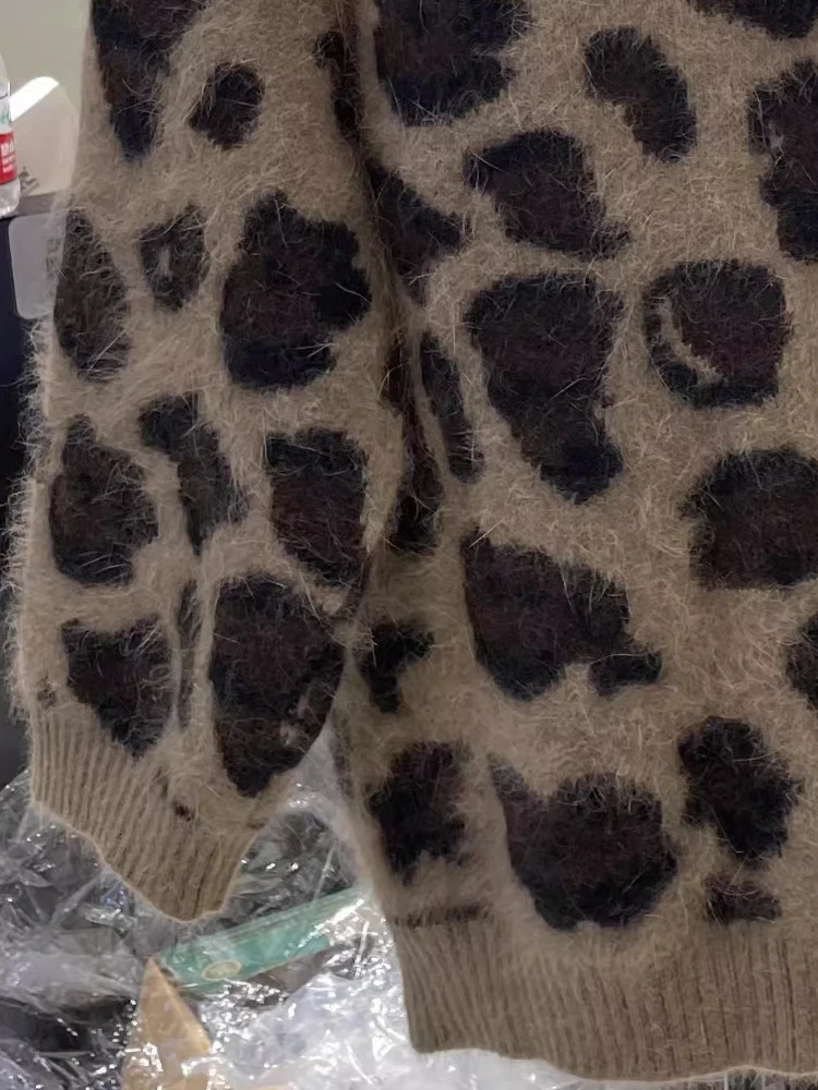 Womens oversized cardigan wool sweater autumn clothing retro suede leather strapless fashion casual leopard print knitted jacket handle for women 2410