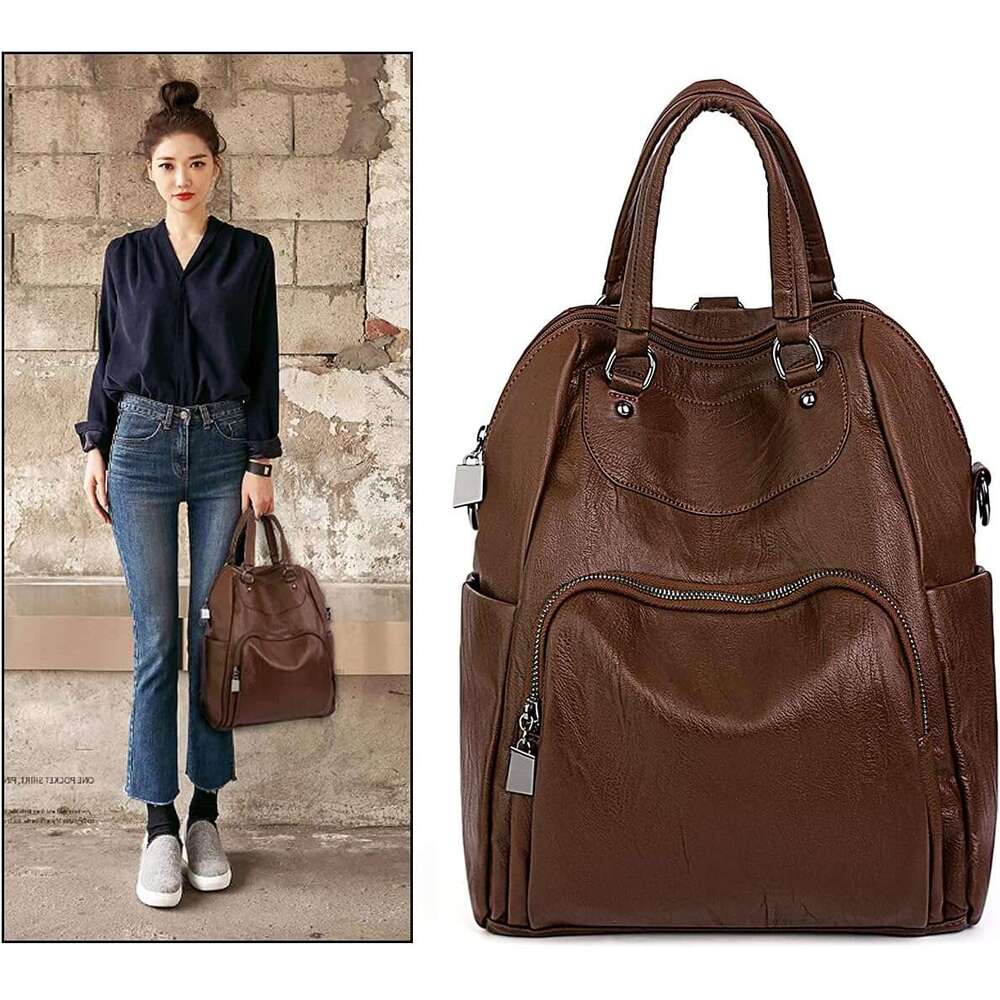 Women Backpack Purse PU Washed Leather Convertible Ladies Rucack Crossbody Shoulder Bag New Black