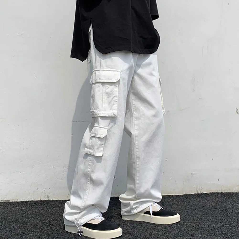 Mens cargo pants straight pants with multiple pockets solid color brushed elastic waist work and leisure pants W241009