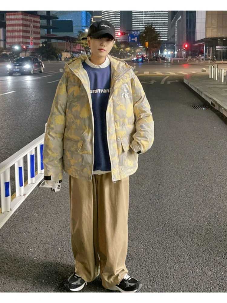 Men's Down Parkas Cotton apron jacket mens mid length winter thick Flce lining warm jacket hooded jacket fabric loose camouflage Y2410098X48