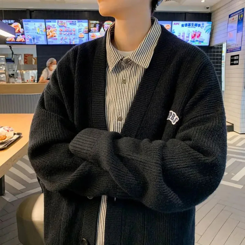 Black mens cardigan knitted sweater mens V-neck green cotton order wool Y2k streetwear street knitting oversized 241007