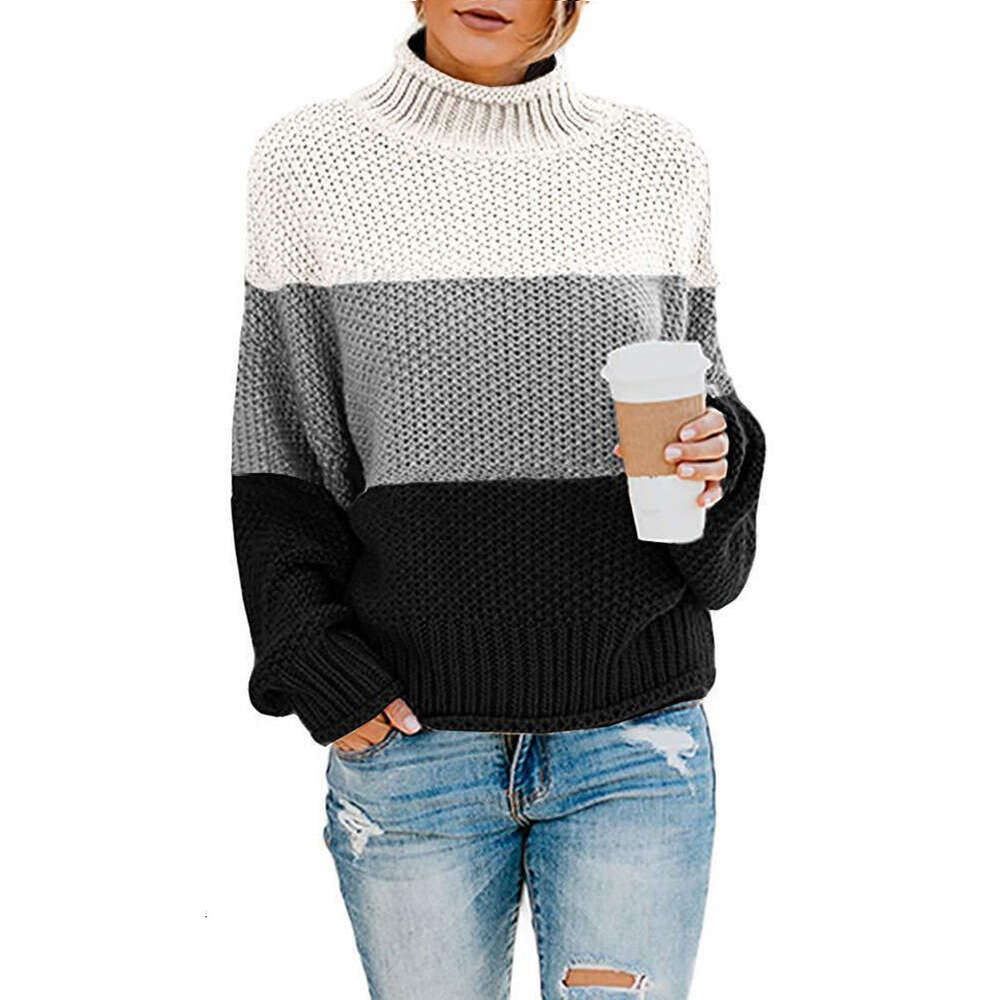 2024 autumn and winter new knitted sweater womens thick thread color blocked high neck pullover