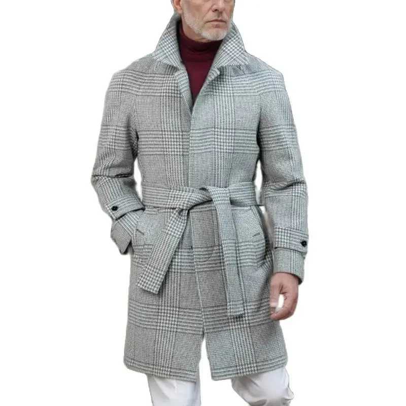 Vintage Plaid Woolen Trench Coat Men Fashionable Lapel Button-up Lace-up Belt Windbreaker Mens Mid Jacket Fall Winter Outerwear LX241010