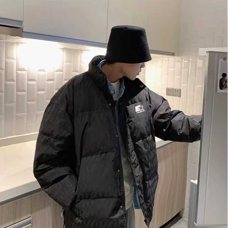 Men's Down Parkas American standing collar reflective design cotton suit mens fashion tool cotton jacket hip-hop high neck winter jacket Y2410097