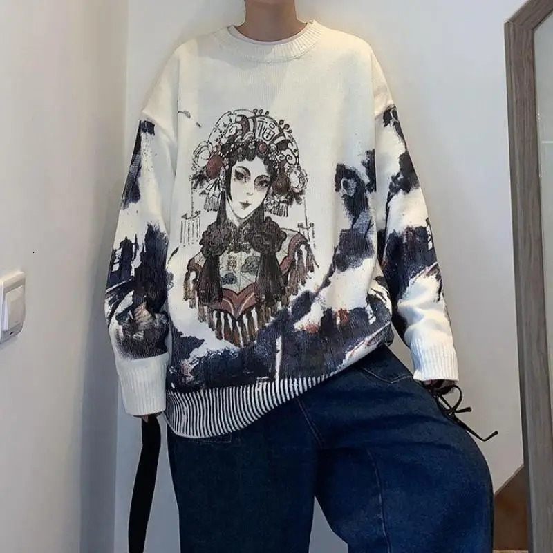 2023 Spring and Autumn Chinese Style Thread Round Neck Printed Loose Casual Versatile Fashion Mens Knitted Pullover Sweater 240930
