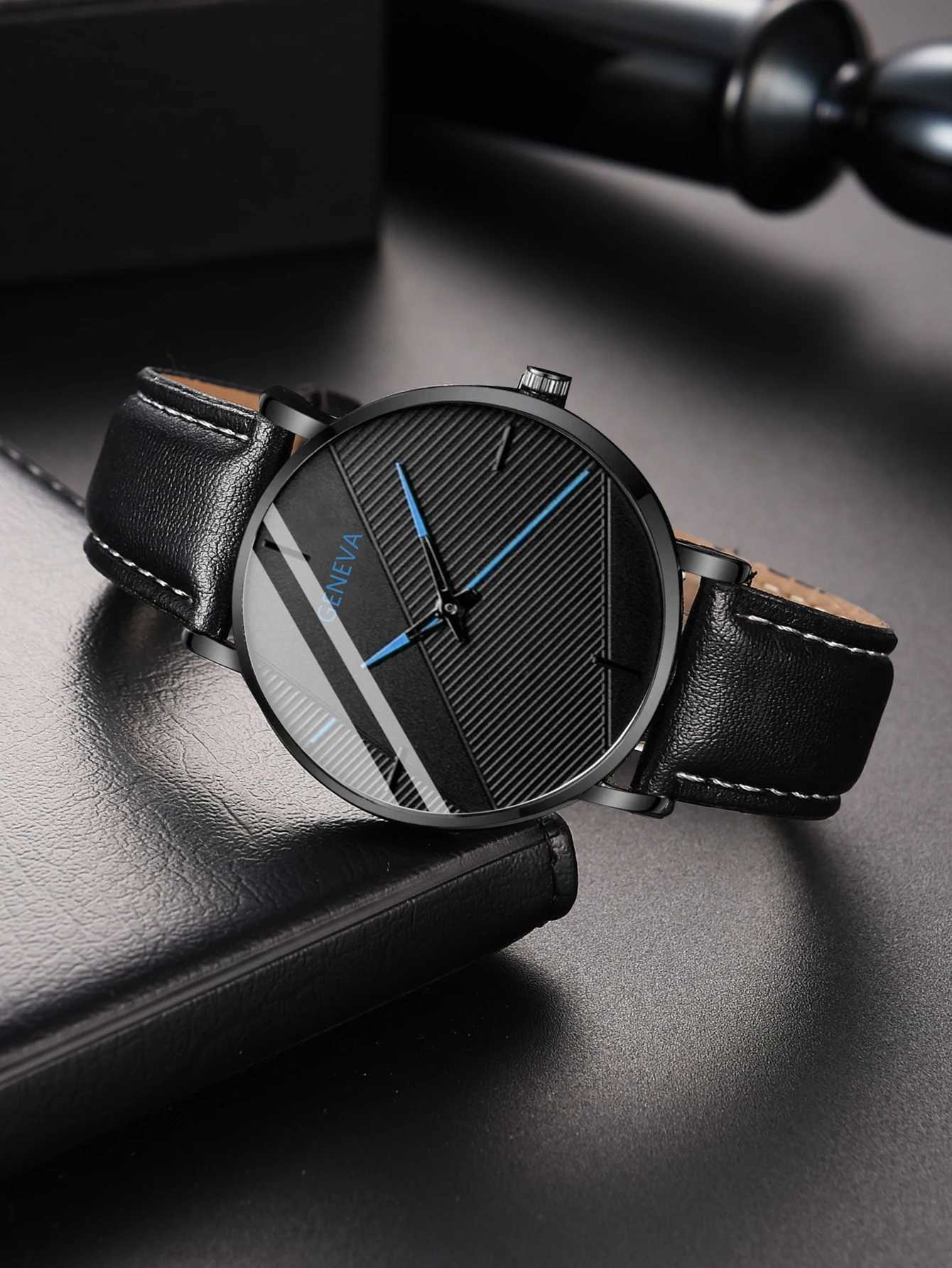 Watch + Bracelet 2023 Minimalist Mens Fashion Ultra Thin Watches Simple Men Business PU Leather Strap Quartz WatchX241010
