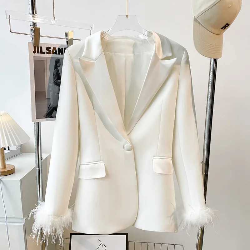 Sports jacket PantSuits white real feather sleeves single button party office business suit lapel jacket pants two-piece set W241009