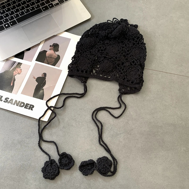 Spring and Summer Hollow Flower Pullover Hats for Women Japanese Cute Lace-up Thin Knit Hat Sweet Hand-woven Stacking Beanies 241007