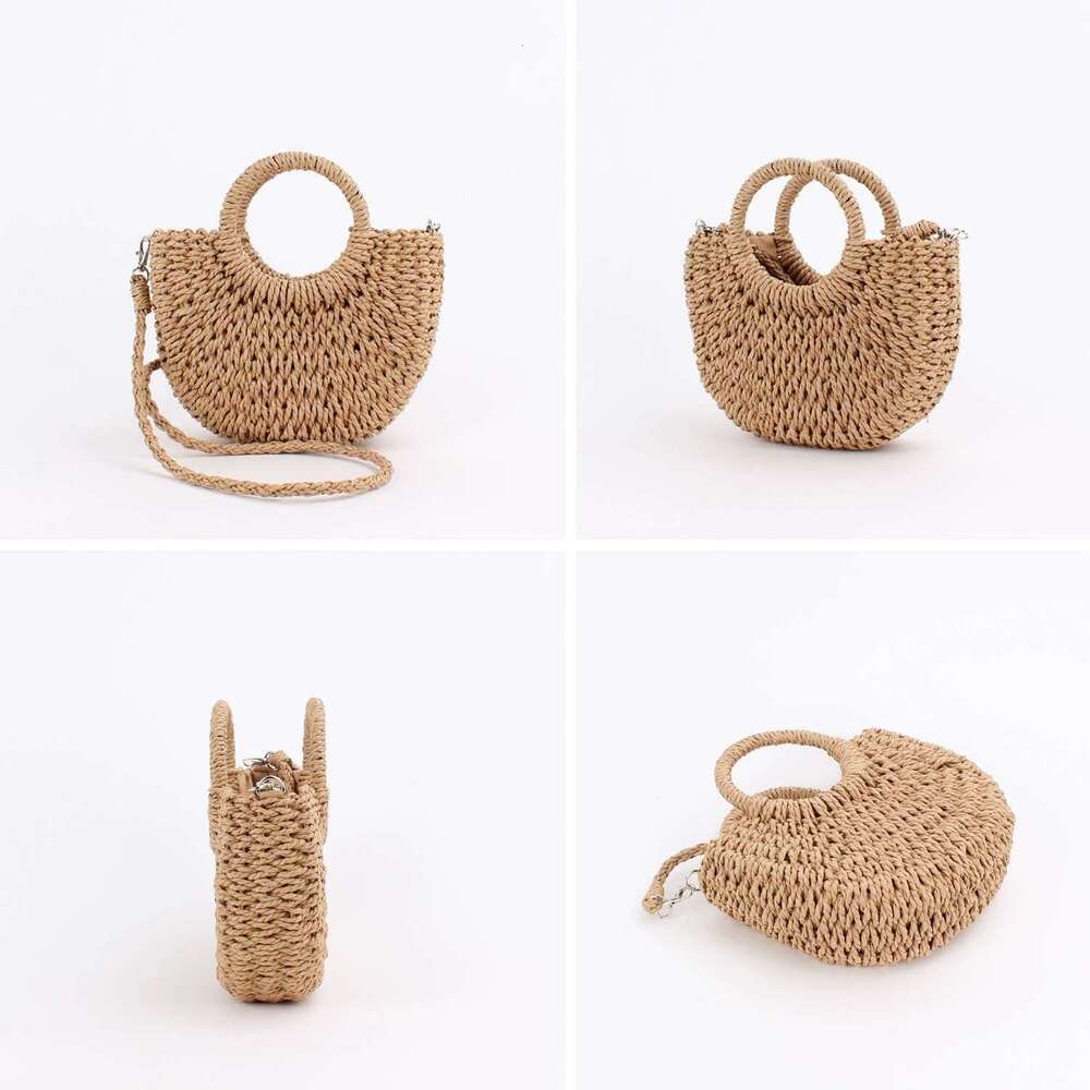 Mini Semi-circle Rattan Straw Bag, Hand-woven Women Summer Retro Tote Shoulder Crossbody Travel Beach Bag