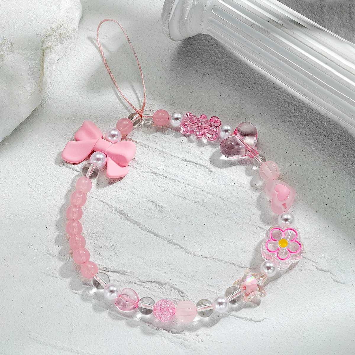Sweet Girl Pink Love Bow Knot Handmade Beaded Mobile Phone Chain Womens Rope Chain Fashion Casual Durable Jewelry GiftX241010