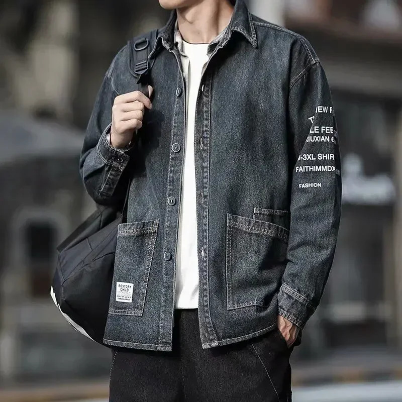 Mens denim jacket black patchwork mens Jean Coats wide sleeves original Korean clothing fabric 241007