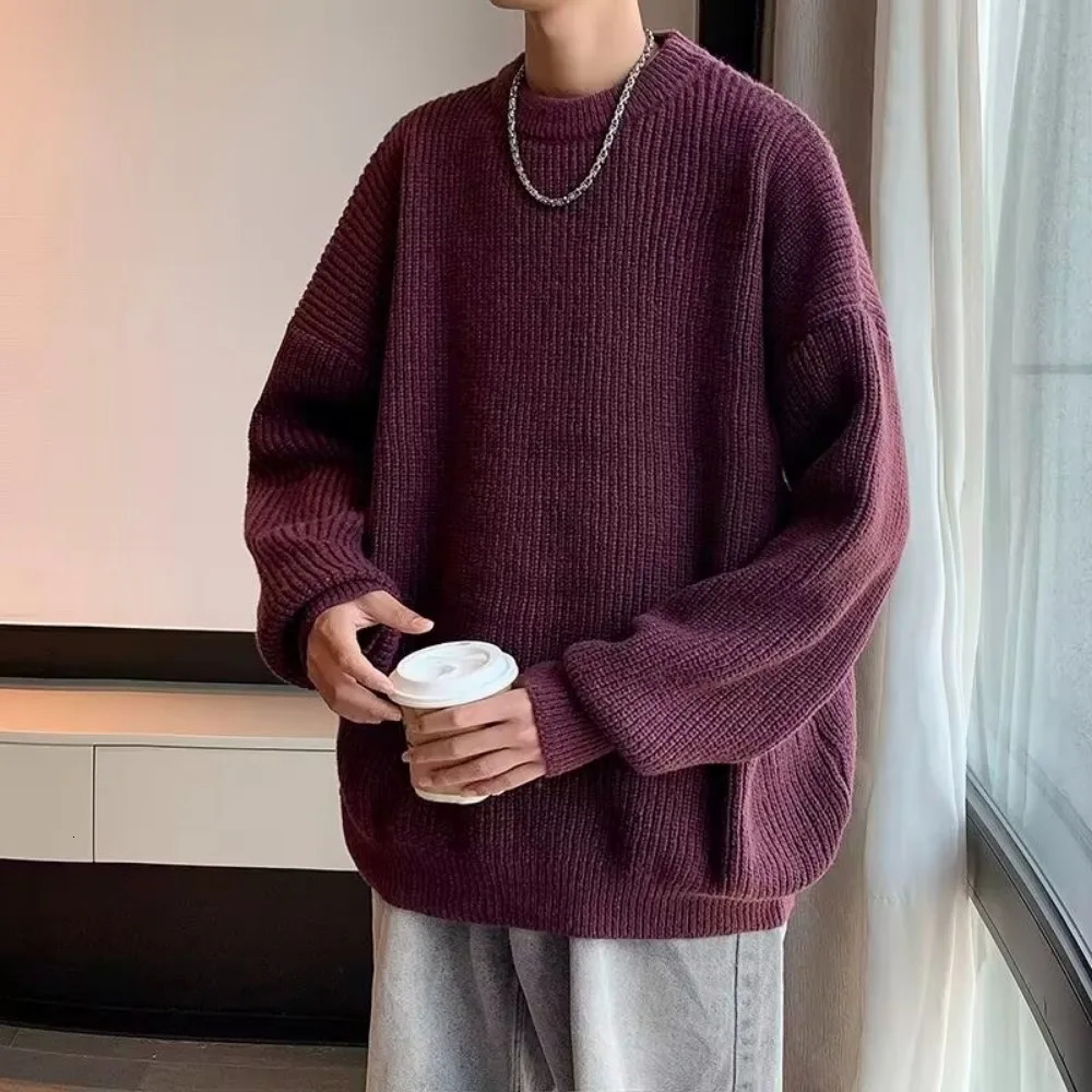 Mens wool sweater autumn and winter slim fit streetwear mens Korean fashion solid clothing casual knitted sweater mens latte art 241007