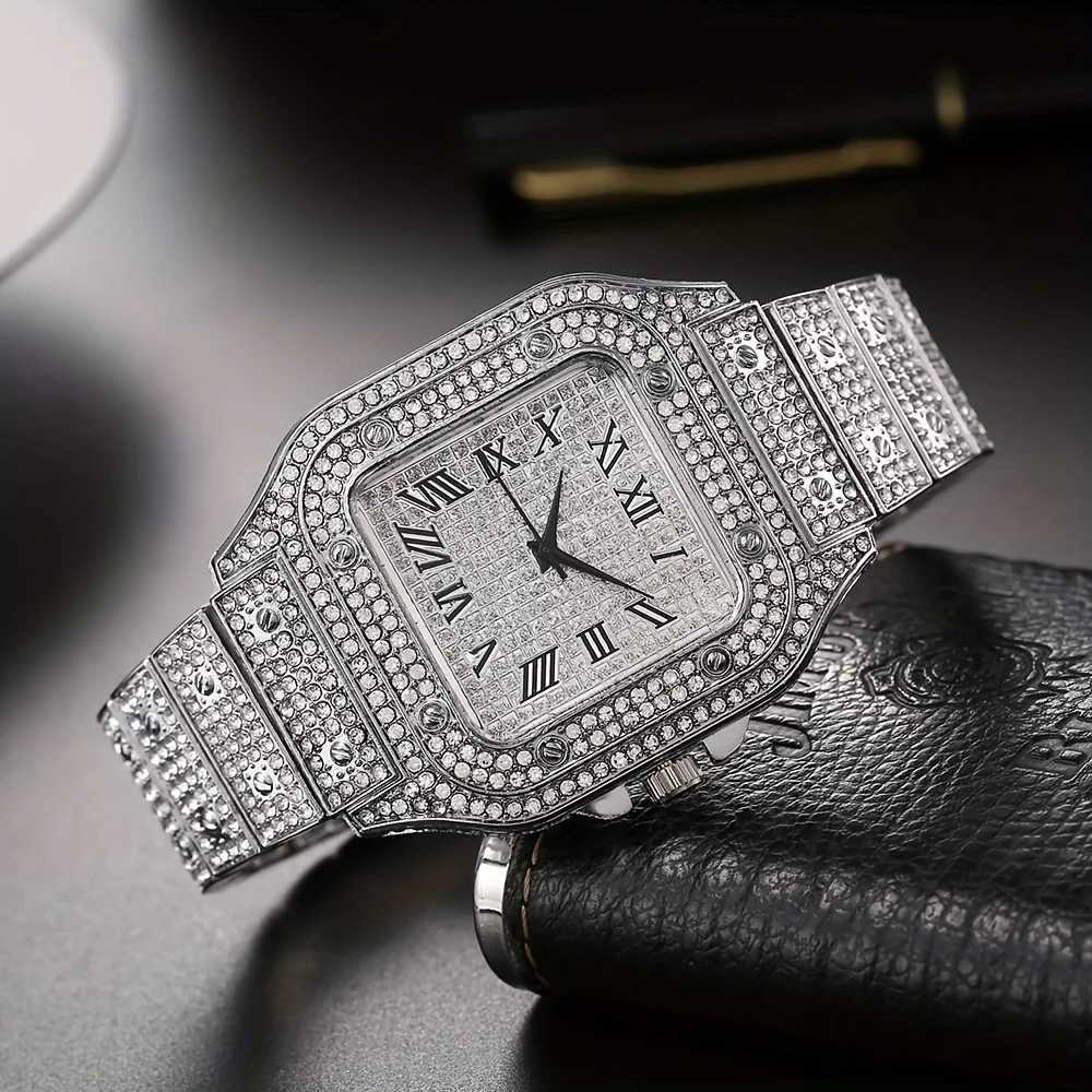 Mens Fashion Hip Hop Crystal Inlaid Watch Luxury Cuban Hand Chain Stainless Steel Iced Out Watches For Men Hip Hop RapperX241010