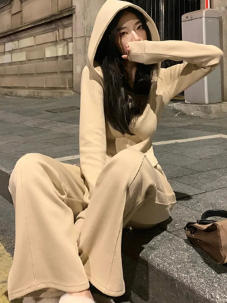 Y2K Solid Two Piece Tracksuit Womens Hoodie Zipper Jacket High Waist Wide Leg Pants Korean Fashion Street Slimming Set 241008