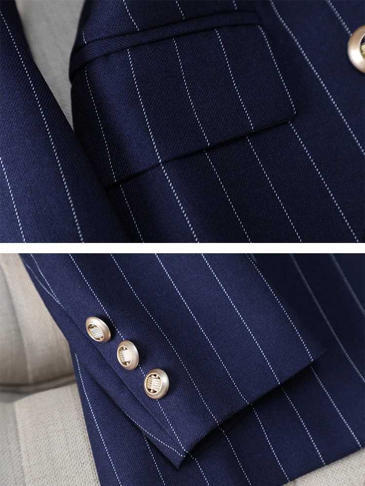 Fashion Autumn Winter Womens Pants Set Womens Blue Striped Womens Work Clothes Jacket and Trouser Formal 2-piece Set W241009