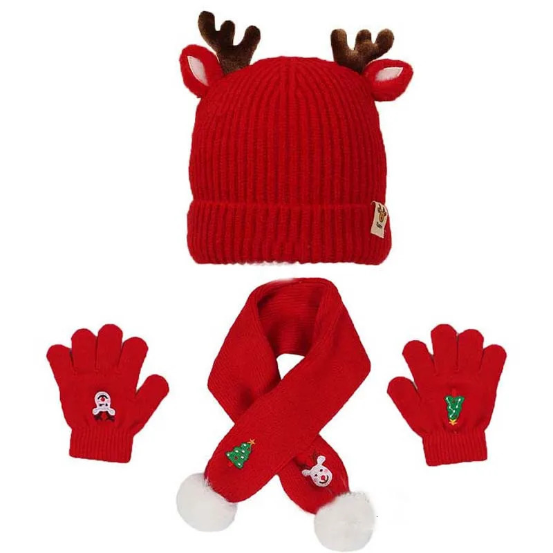 Little maven Children Hat Scarf and Gloves 3 pcs Velvet Scarf Cute Antler Baby Wool Christmas Sets Suit 1-6 year 241008