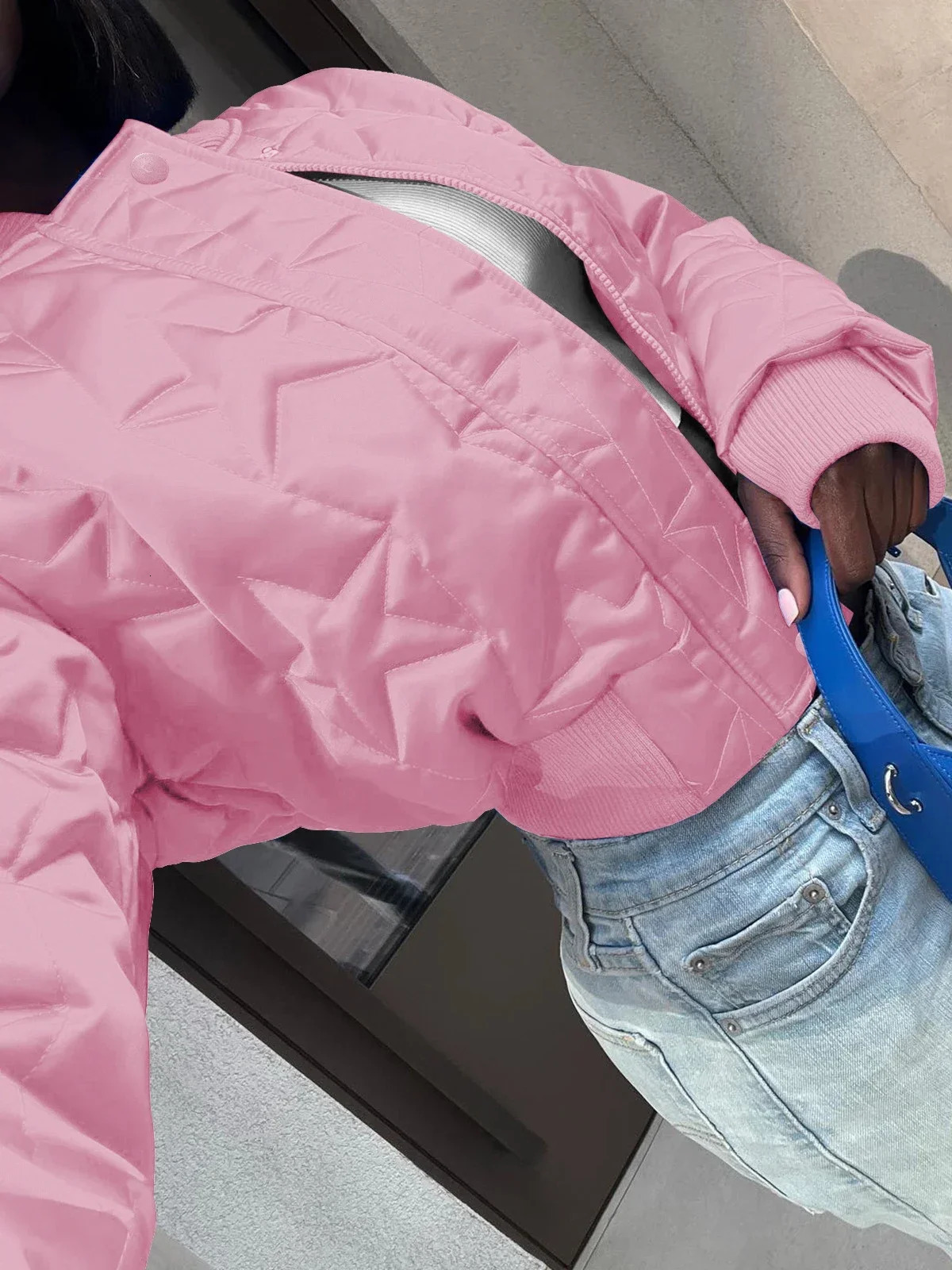 Womens Fashion Long Sleeve Zipper Short Quilted Coat Autumn Winter Cotton Padded Stars Bomber Jacket 2024 Girls Varsity 240930