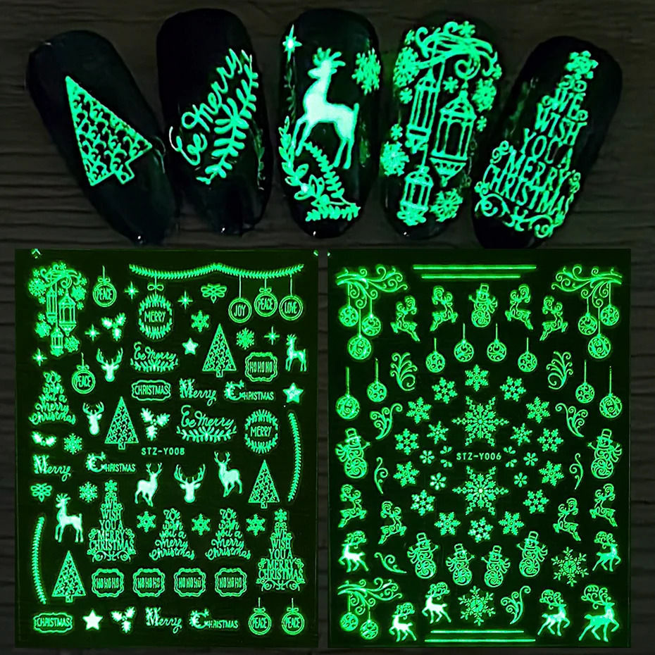 Luminous Christmas Glow 3D Stickers Winter Snowflakes Holiday Year Nail Art Accessories Stickers ZY01-18 241008